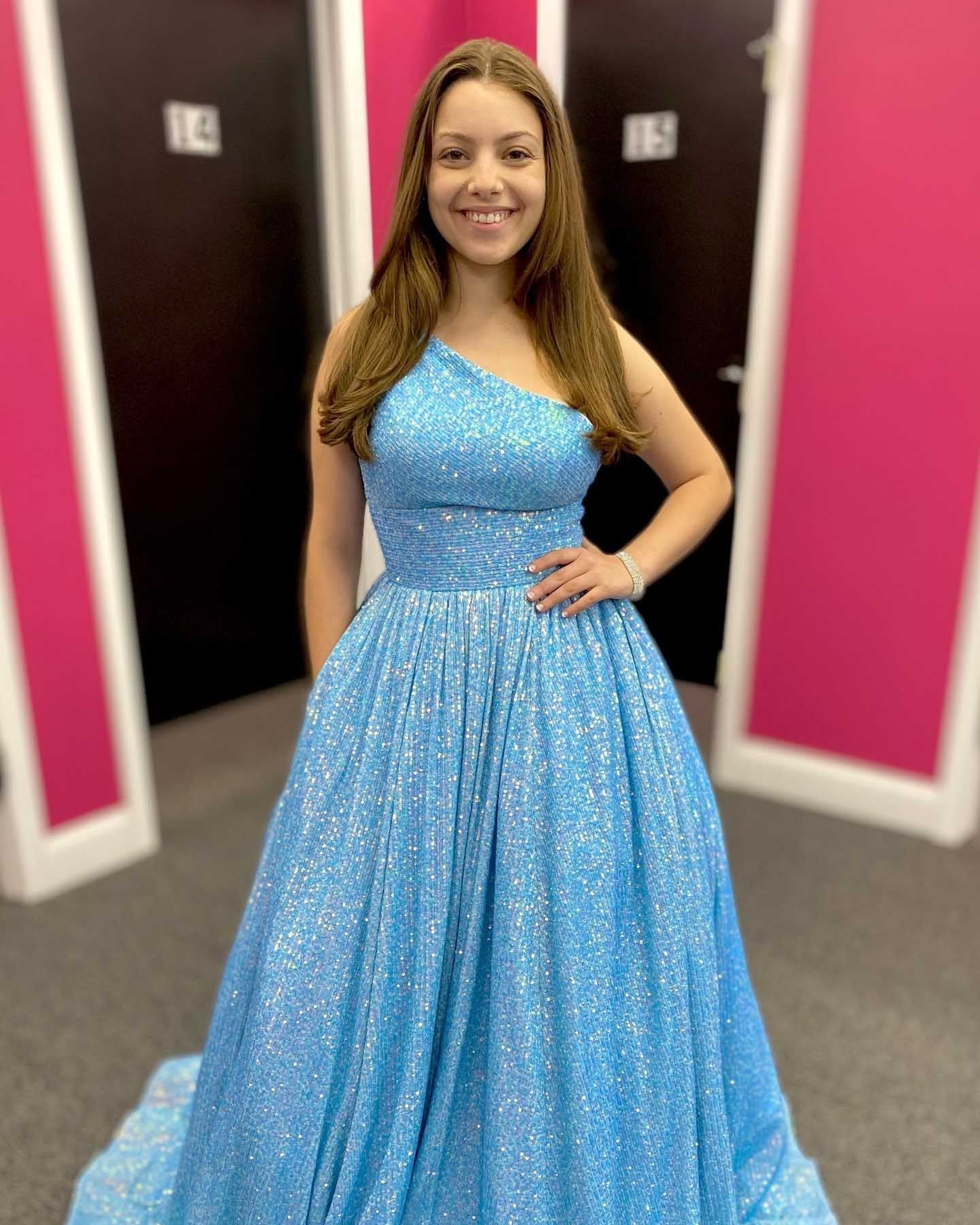 dressimeSparkly A Line One Shoulder Sequin Long Prom Dresses with Pockets