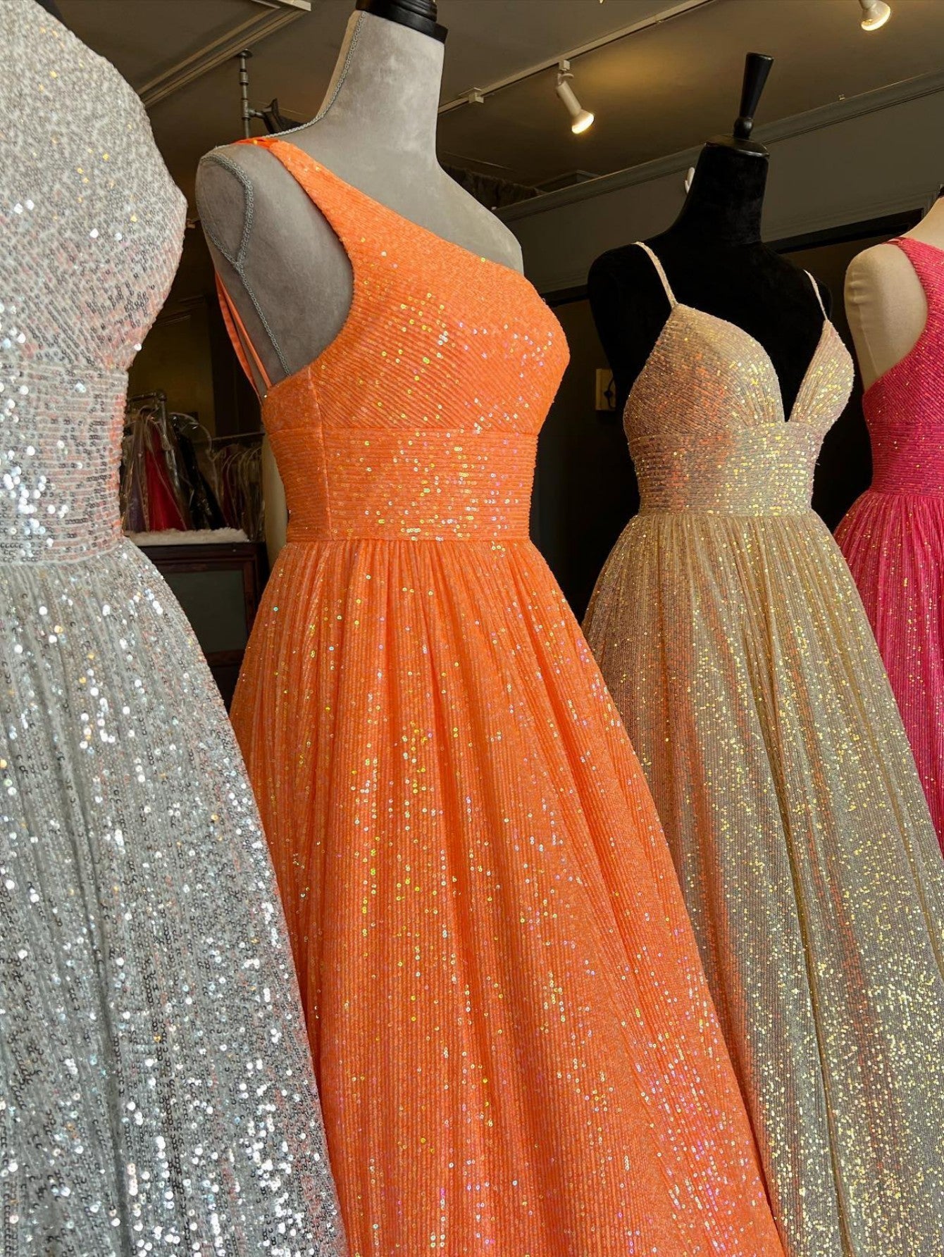 dressimeSparkly A Line One Shoulder Sequin Long Prom Dresses with Pockets