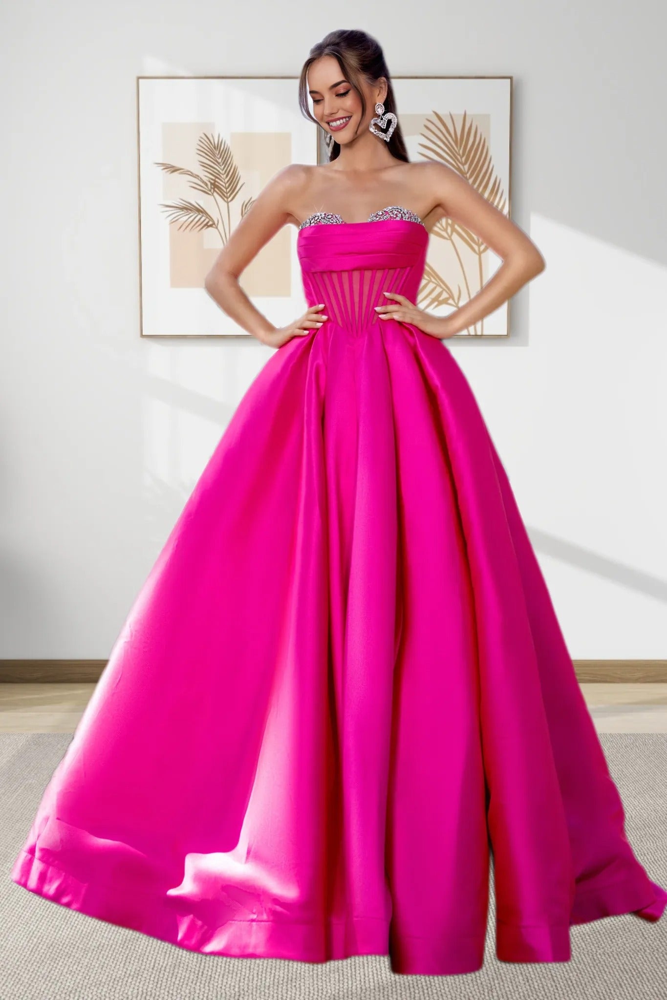 Dressime Women Fuchsia Beaded Prom Dress Sparkly A Line Sweetheart Satin Formal Dress dressime Dressime Women Fuchsia Beaded Prom Dress Sparkly A Line Sweetheart Satin Formal Dress dressime