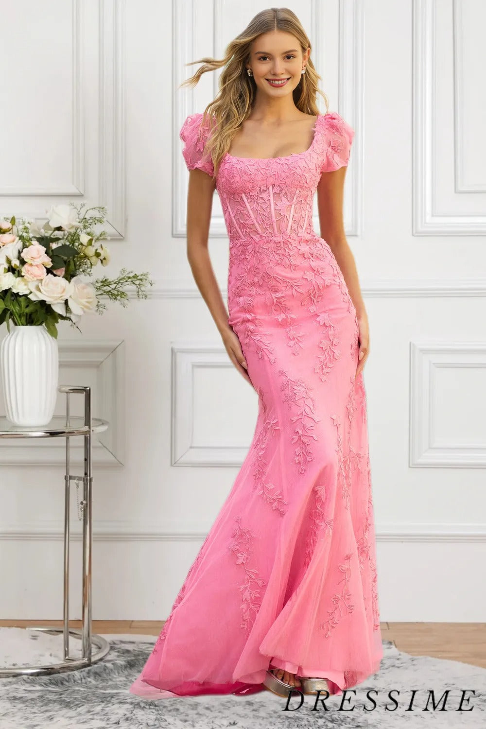 Dressime Sparkly Pink Appliques Prom Dress Mermaid Square Neck Appliqued Long Formal Gowns dressime Dressime Sparkly Pink Appliques Prom Dress Mermaid Square Neck Appliqued Long Formal Gowns dressime