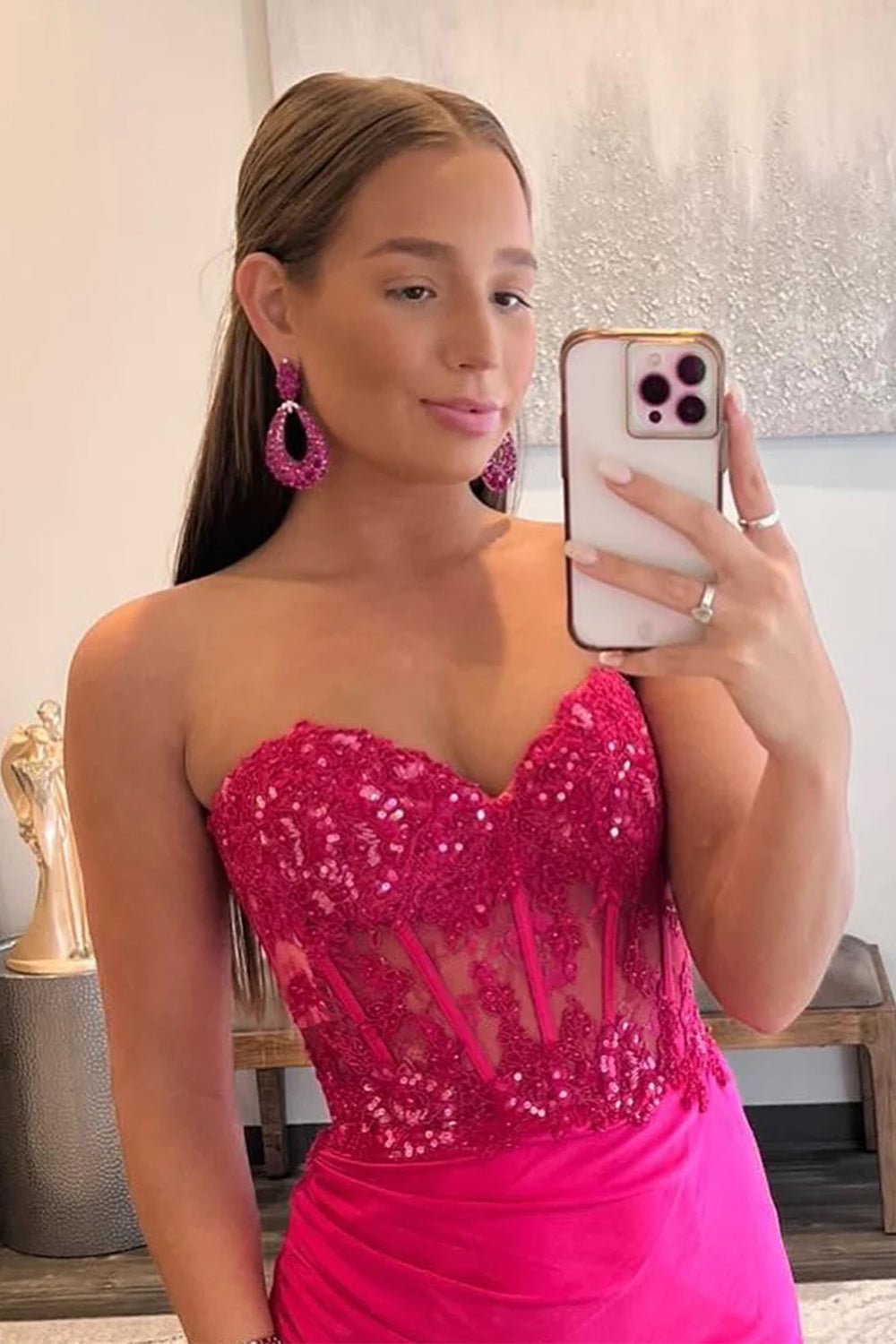 dressimeSparkly Sheath Sweetheart Corset Long Prom Dress with Slit
