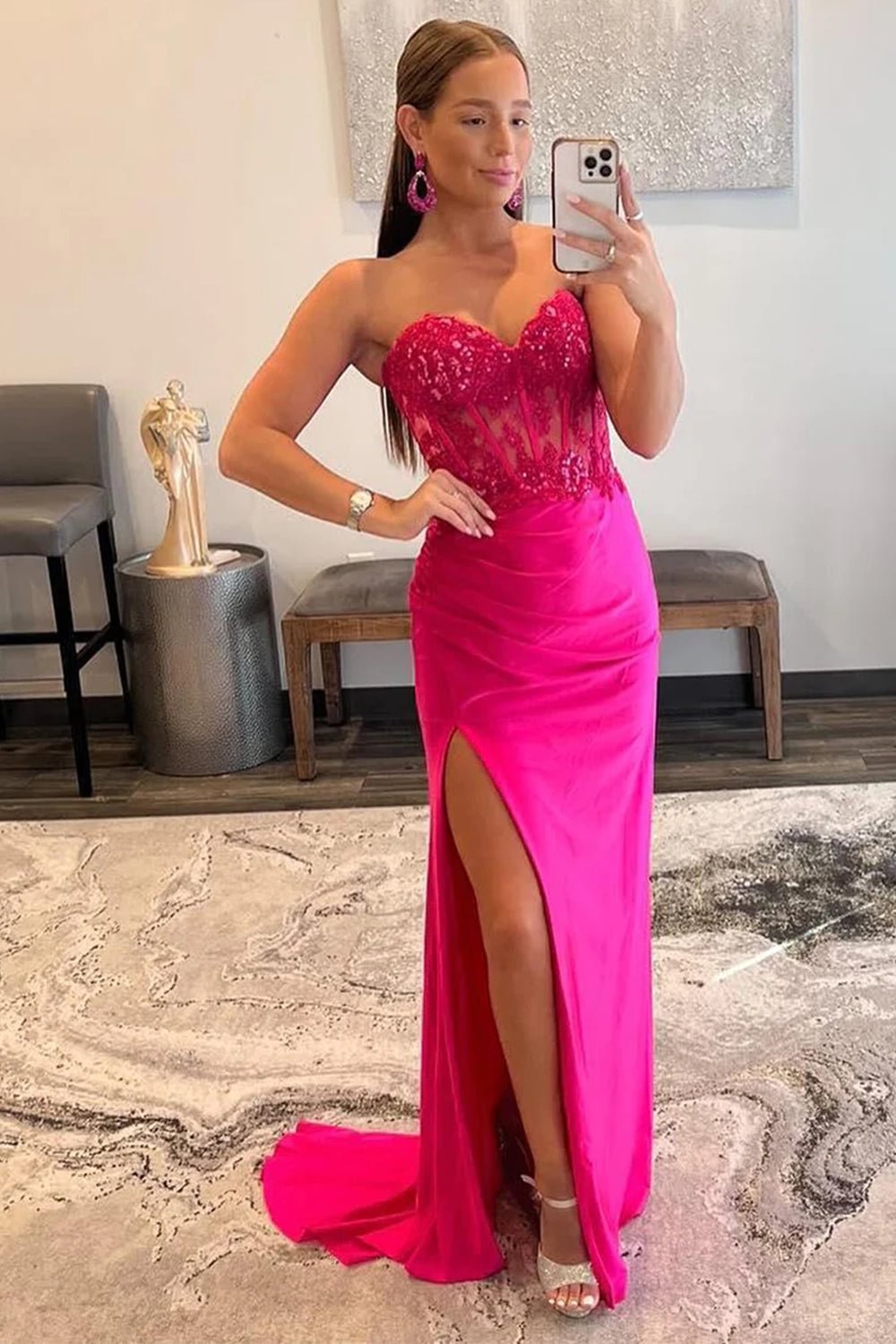 dressimeSparkly Sheath Sweetheart Corset Long Prom Dress with Slit