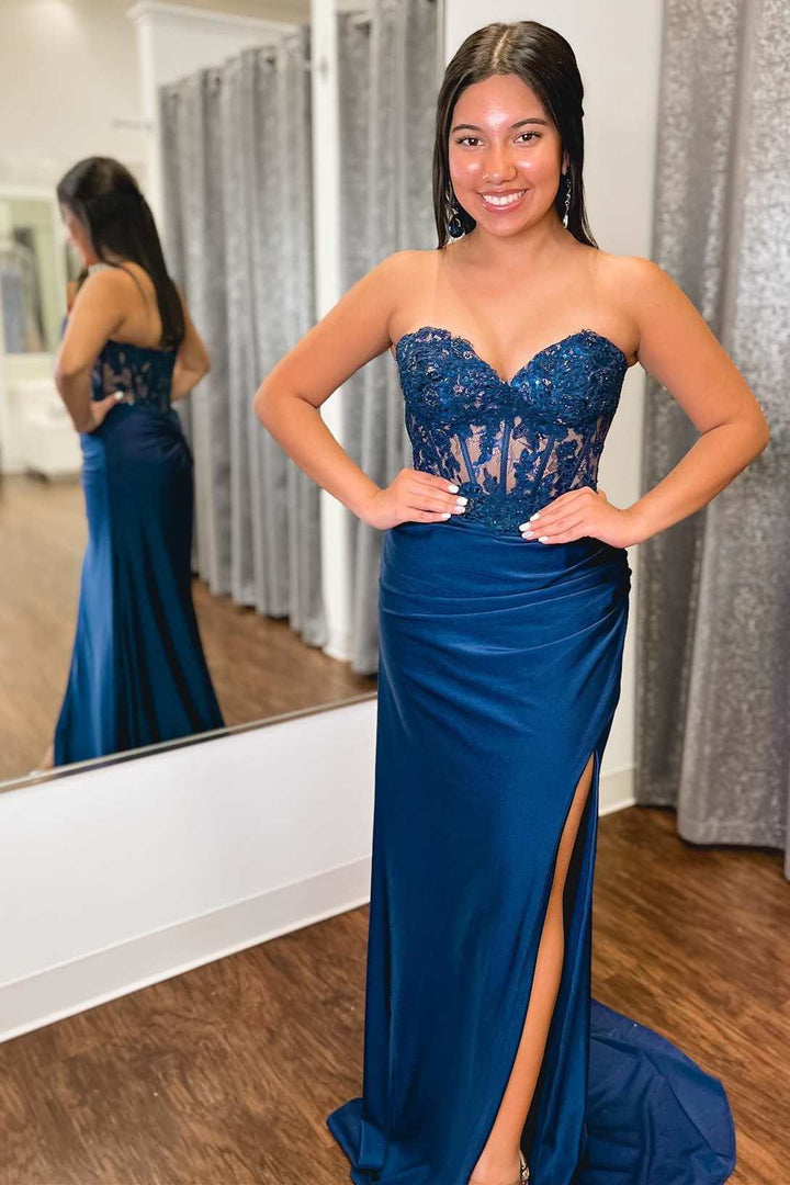 dressimeSparkly Sheath Sweetheart Corset Long Prom Dress with Slit
