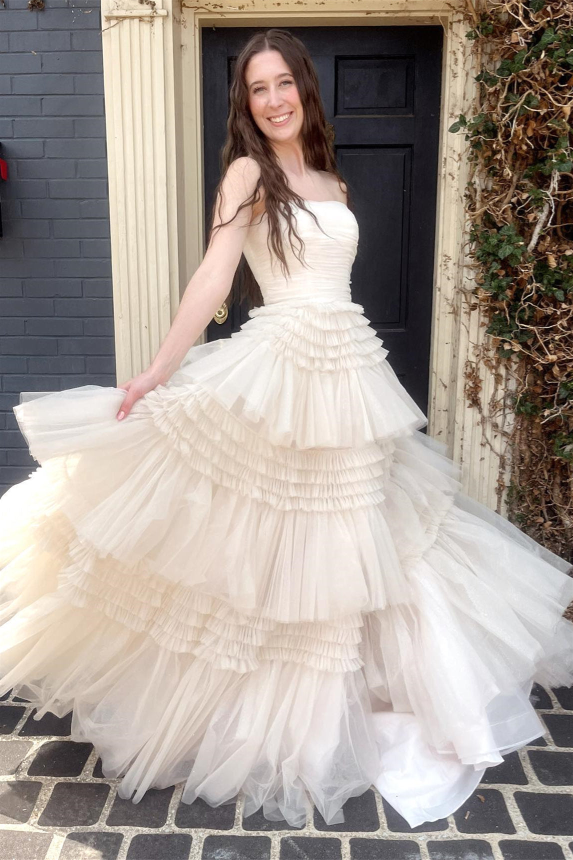 dressimeStrapless A-line Multi-Layers Tulle Long Prom Dresses with Slit