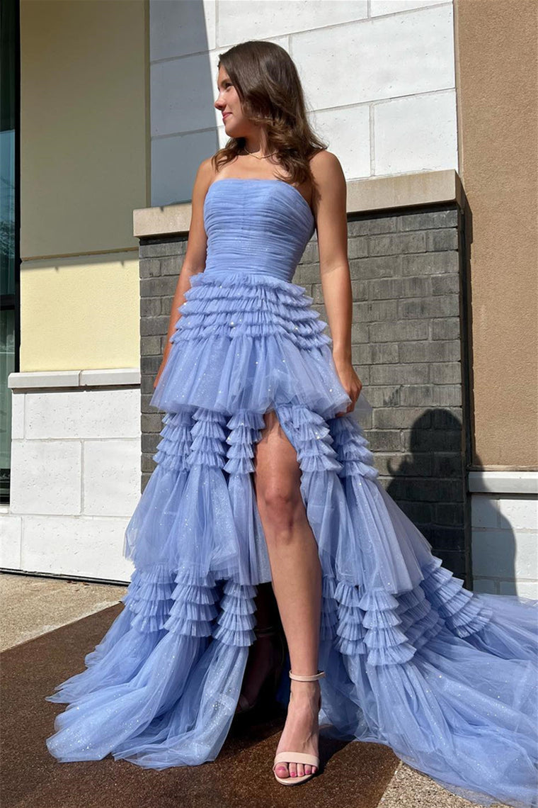dressimeStrapless A-line Multi-Layers Tulle Long Prom Dresses with Slit