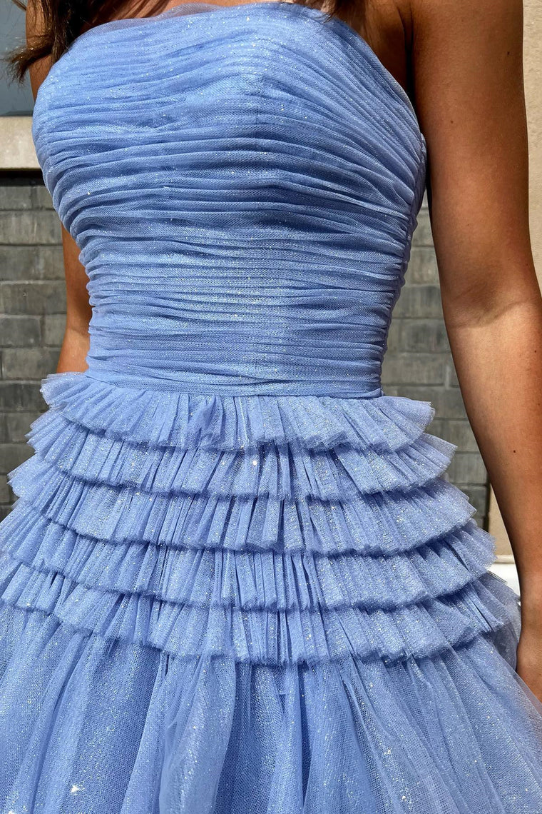 dressimeStrapless A-line Multi-Layers Tulle Long Prom Dresses with Slit