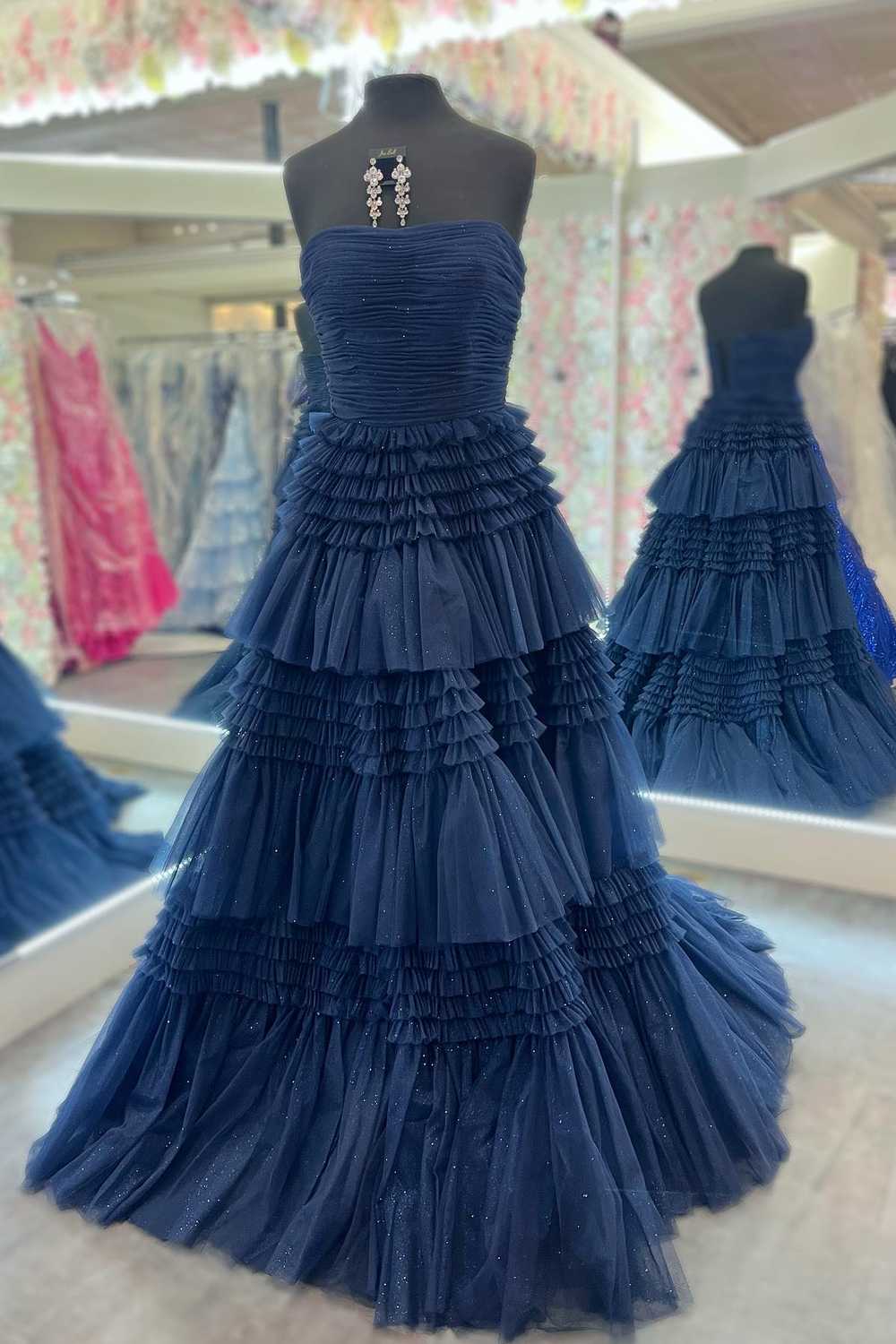 dressimeStrapless A-line Multi-Layers Tulle Long Prom Dresses with Slit