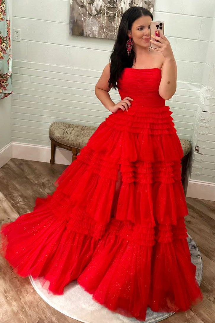 dressimeStrapless A-line Multi-Layers Tulle Long Prom Dresses with Slit