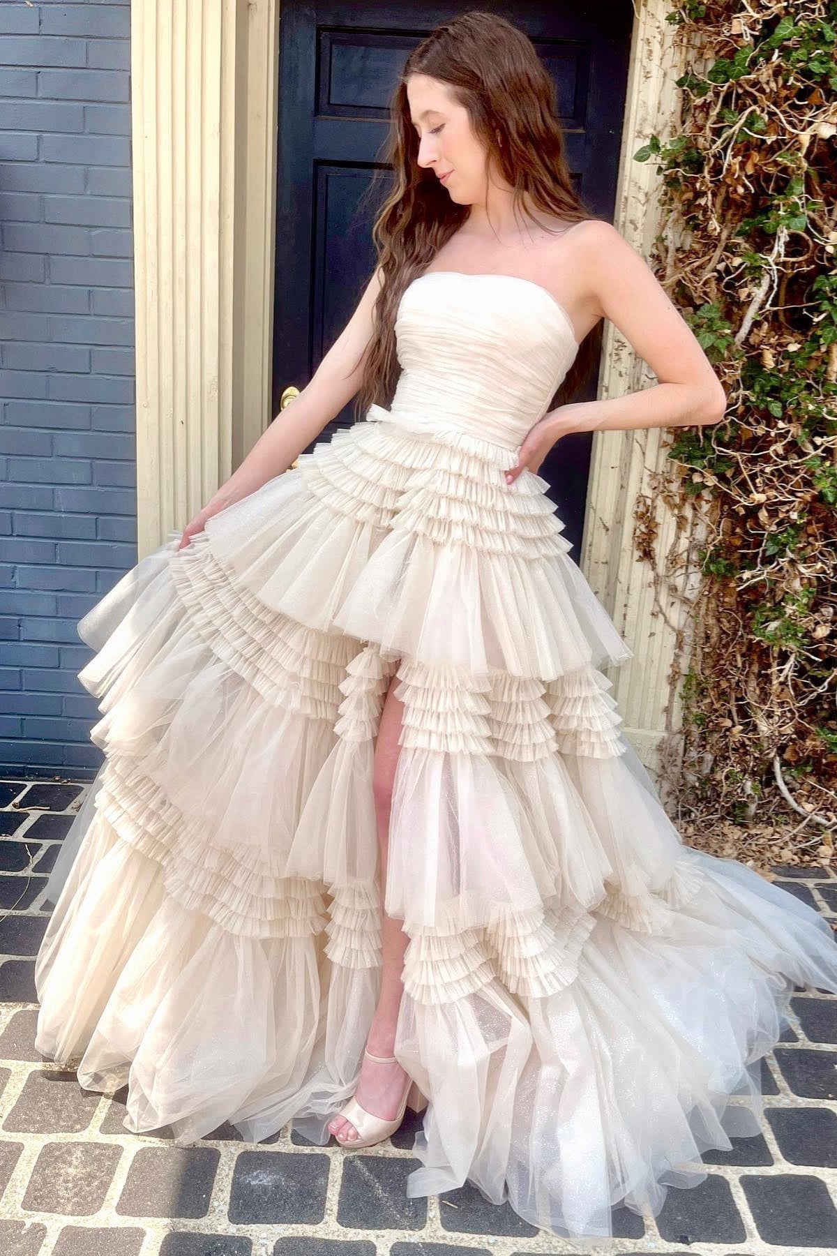 dressimeStrapless A-line Multi-Layers Tulle Long Prom Dresses with Slit
