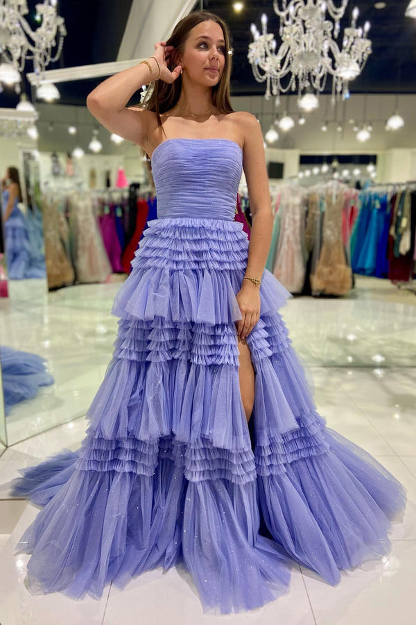 dressimeStrapless A-line Multi-Layers Tulle Long Prom Dresses with Slit