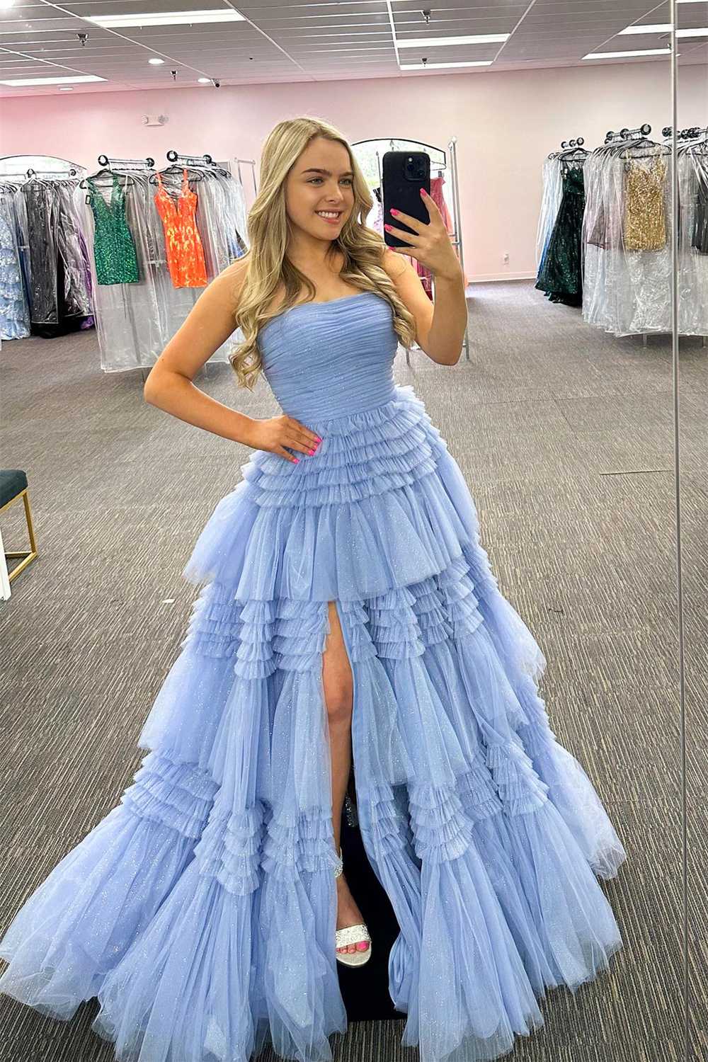 dressimeStrapless A-line Multi-Layers Tulle Long Prom Dresses with Slit