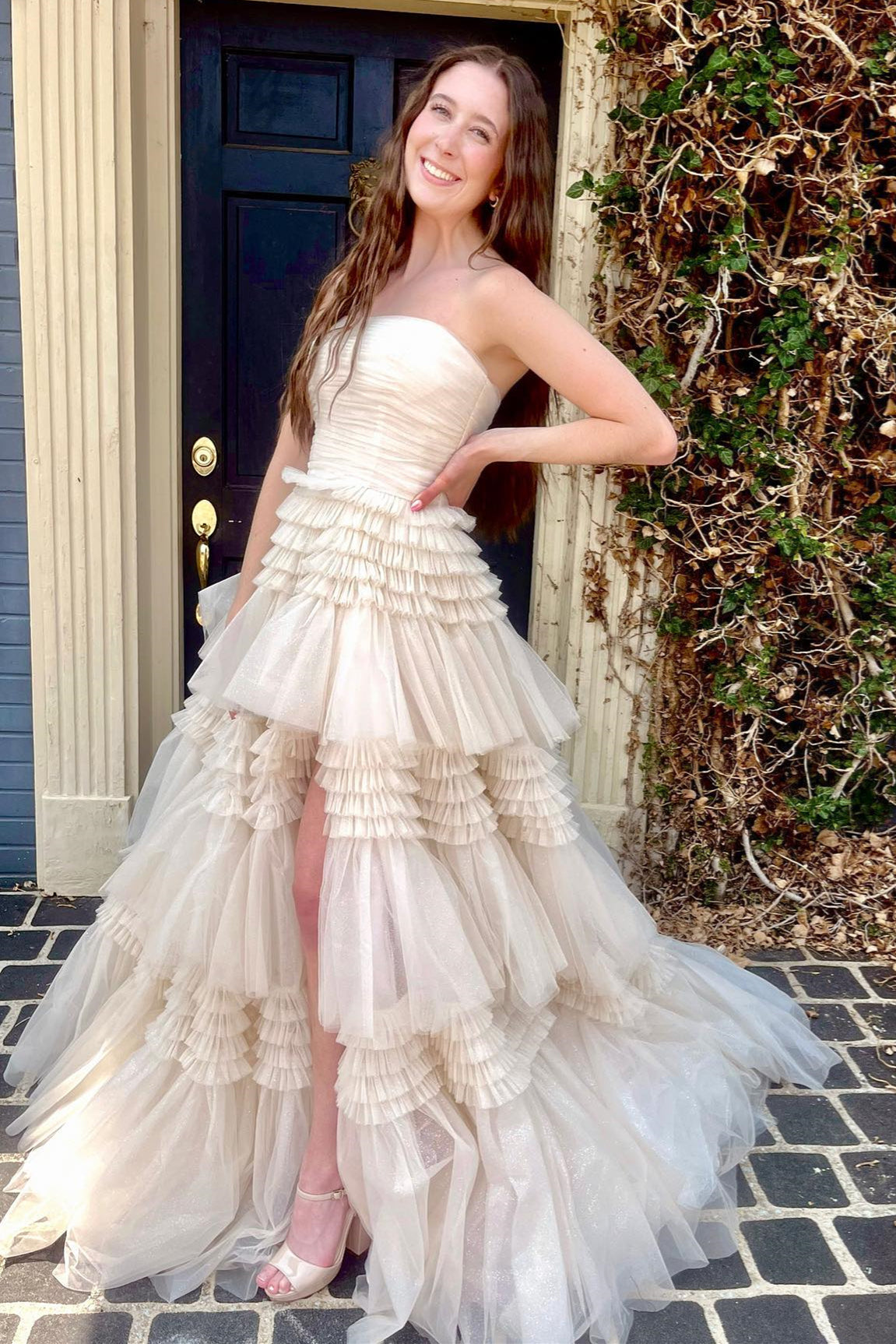 dressimeStrapless A-line Multi-Layers Tulle Long Prom Dresses with Slit