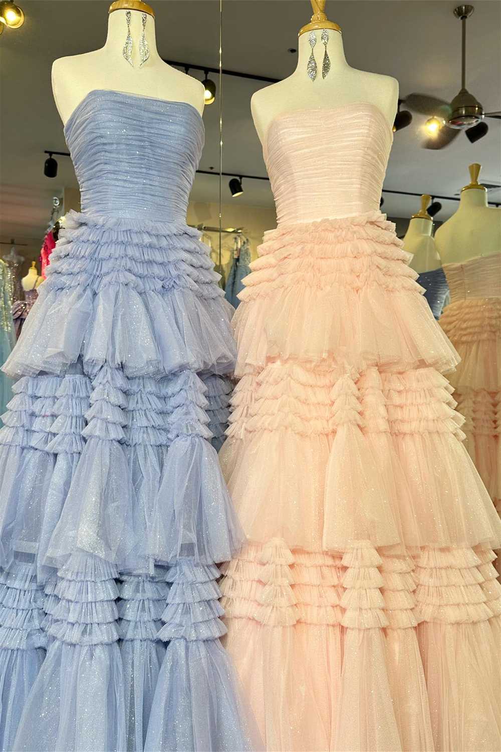 dressimeStrapless A-line Multi-Layers Tulle Long Prom Dresses with Slit