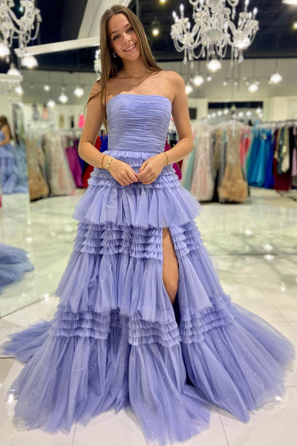 dressimeStrapless A-line Multi-Layers Tulle Long Prom Dresses with Slit