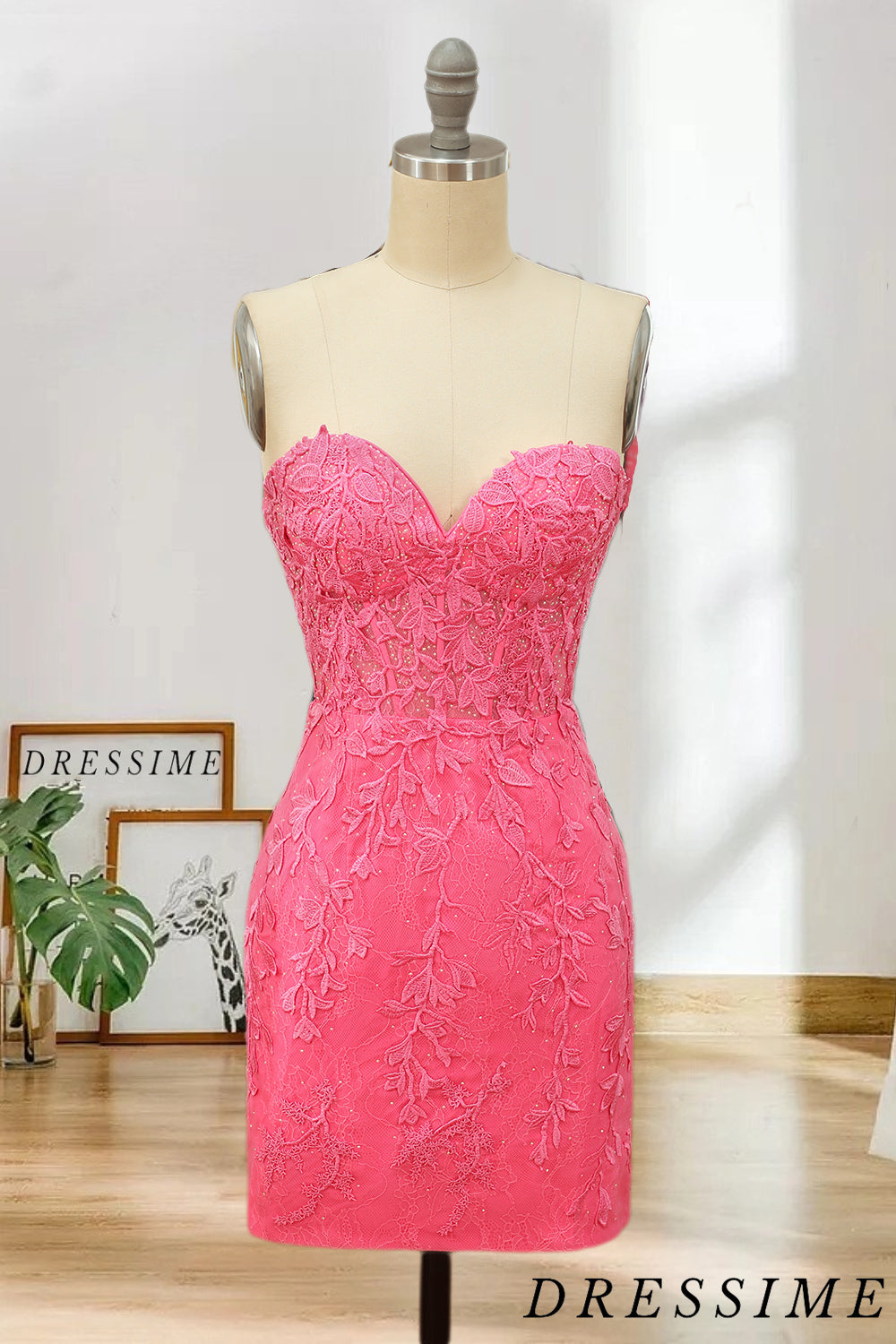 Dressime Strapless Sweetheart Short Pink Bodycon Cute Mini Lace Appliq dressime Dressime Strapless Sweetheart Short Pink Bodycon Cute Mini Lace Appliq dressime