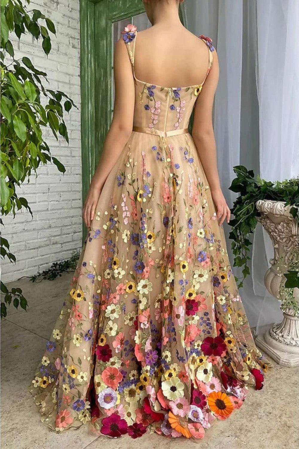 dressimeStraps A Line Tulle Prom Dresses With 3D Flower