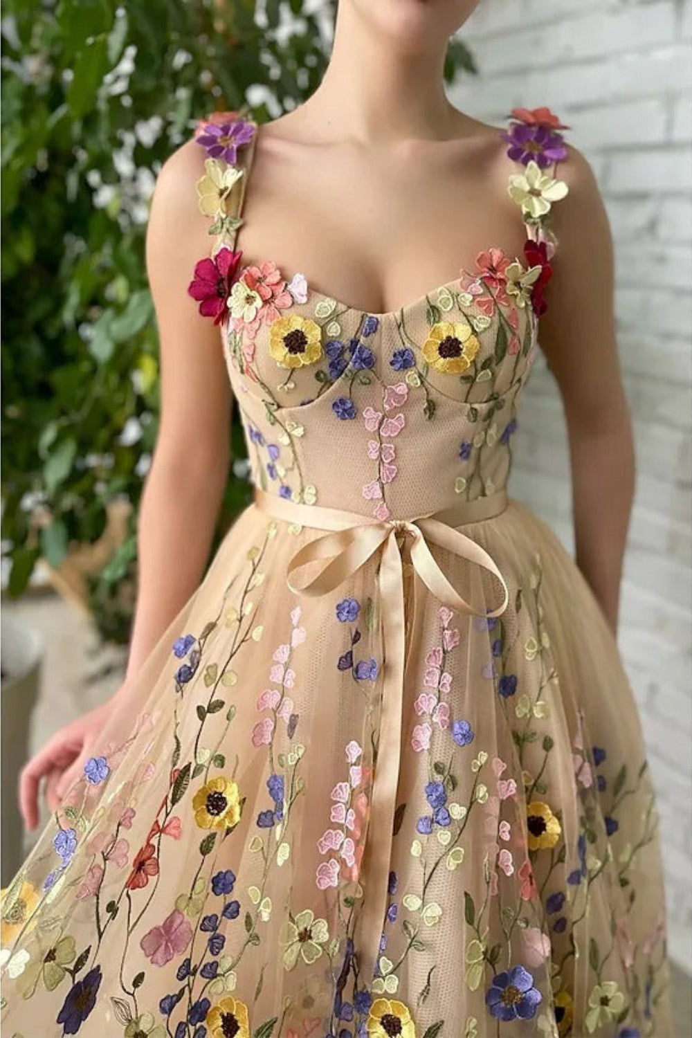 dressimeStraps A Line Tulle Prom Dresses With 3D Flower