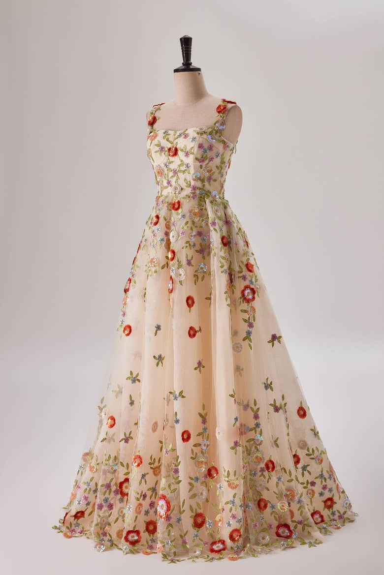 Dressime Straps A Line Tulle Prom Dresses With 3D Flower dressime