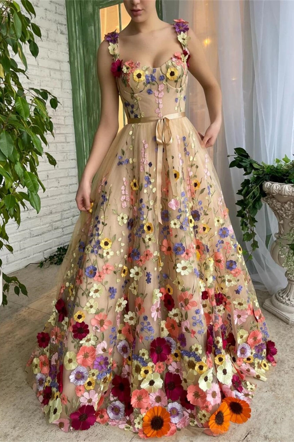 dressimeStraps A Line Tulle Prom Dresses With 3D Flower