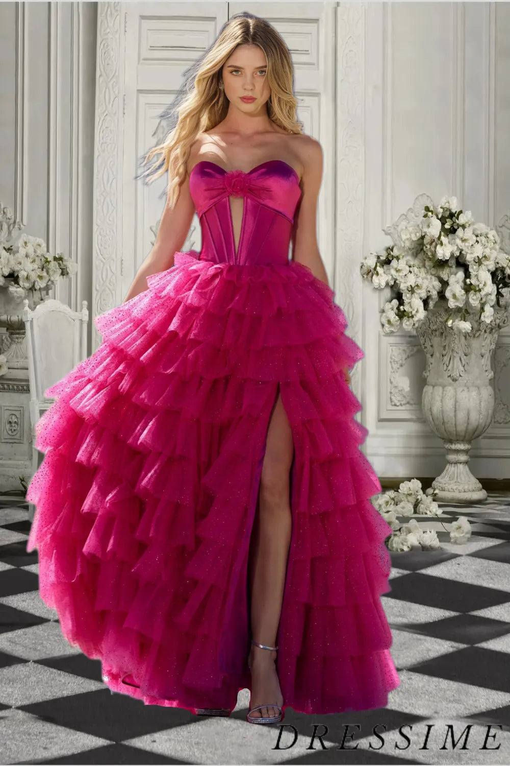 Dressime Stunning A Line Sweetheart Satin Tulle Slit Tiered Long Prom dressime Dressime Stunning A Line Sweetheart Satin Tulle Slit Tiered Long Prom dressime