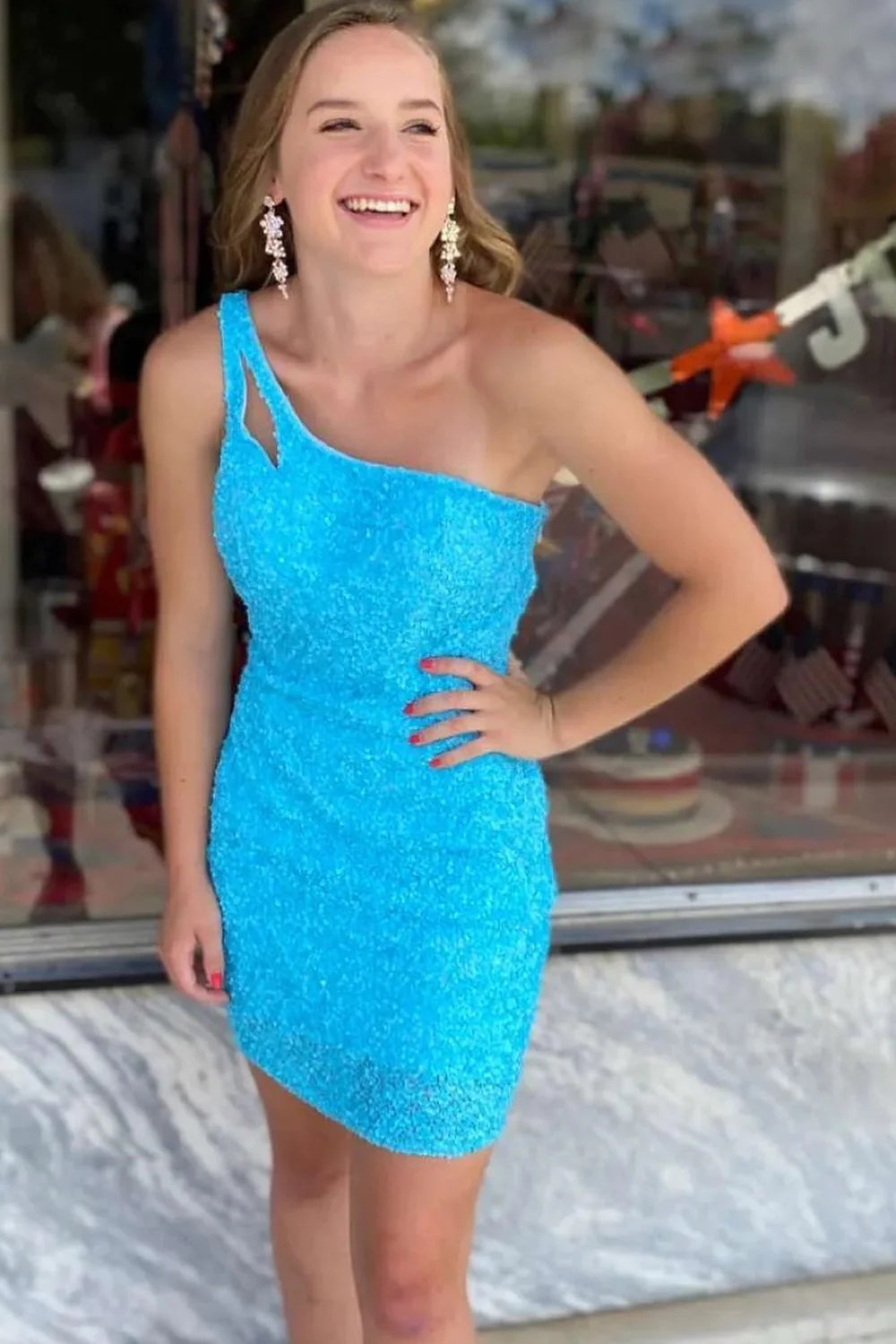 dressimeStunning Hot Sale Sheath One Shoulder Sequins Mini Dress Homecoming Dresses