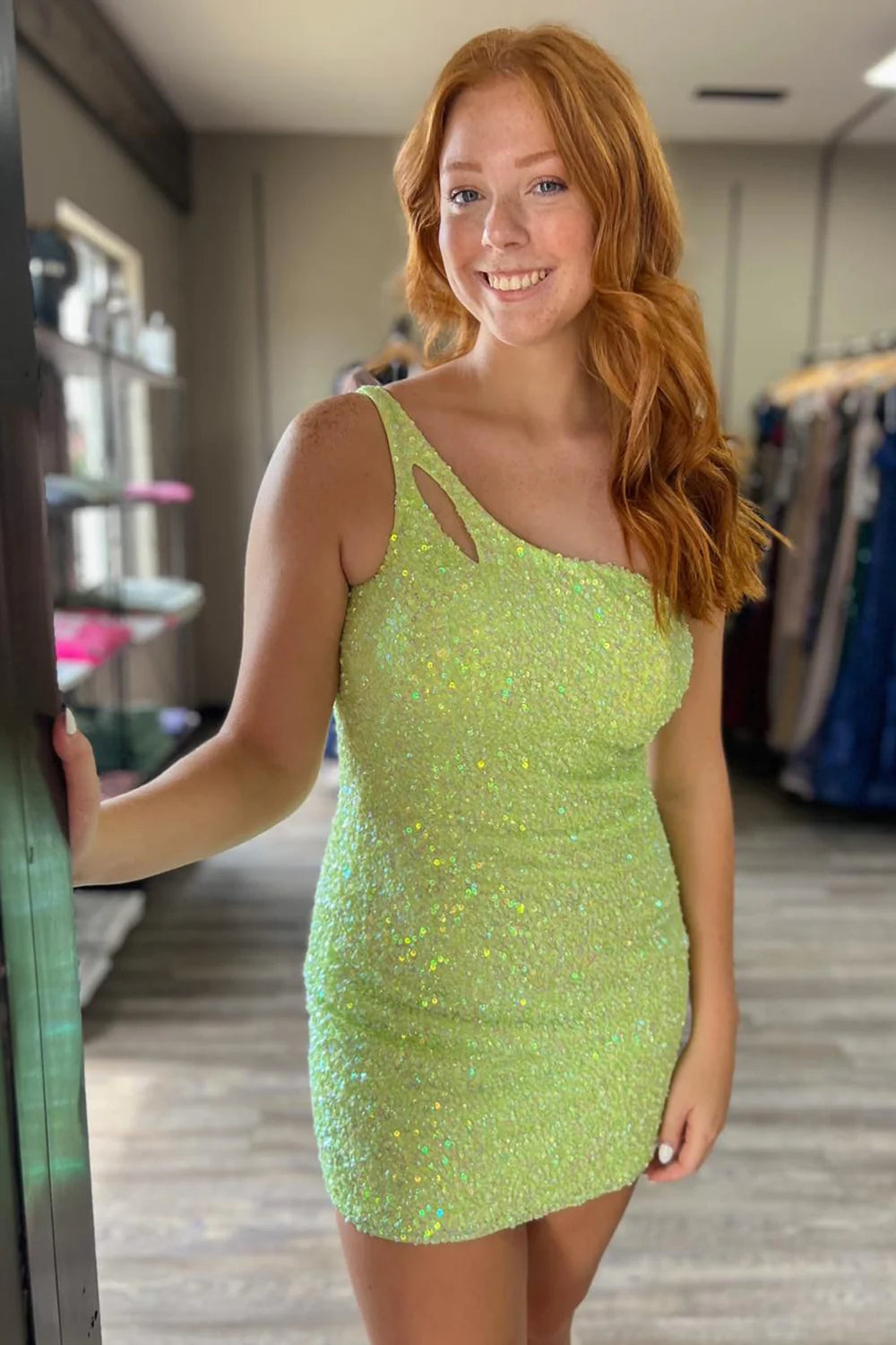 dressimeStunning Hot Sale Sheath One Shoulder Sequins Mini Dress Homecoming Dresses