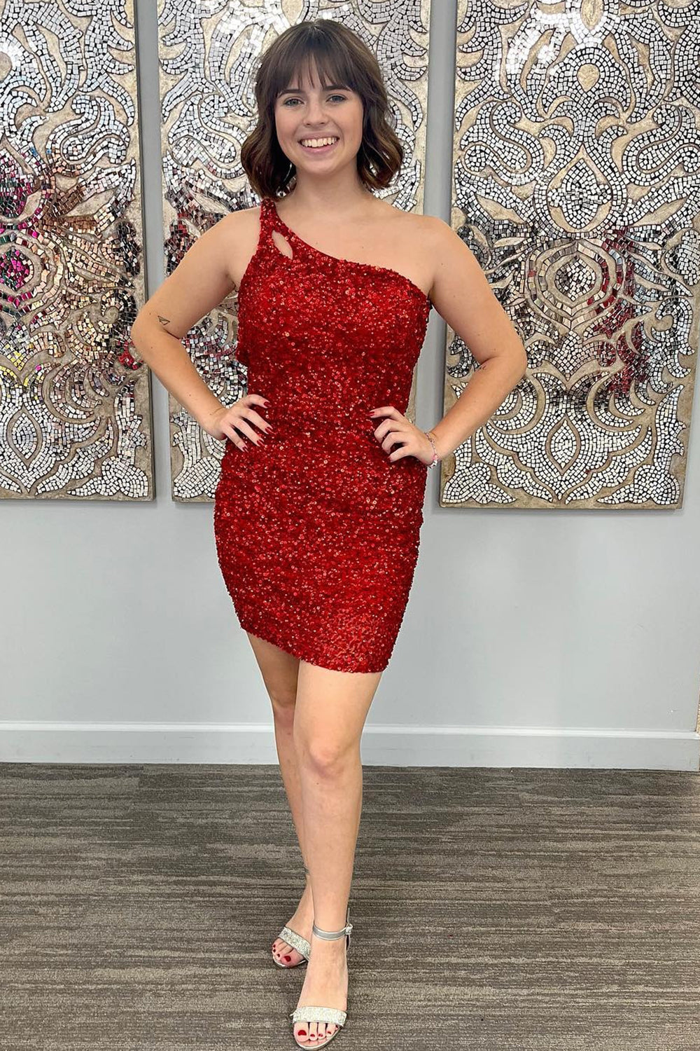 dressimeStunning Hot Sale Sheath One Shoulder Sequins Mini Dress Homecoming Dresses