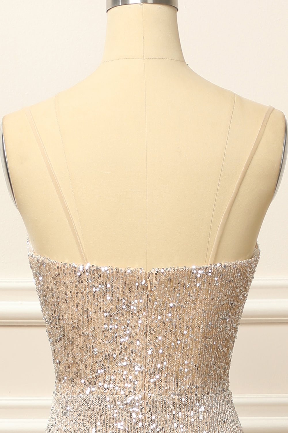 dressimeStunning Sheath Spaghetti Straps Sequin Prom Dresses With Slit