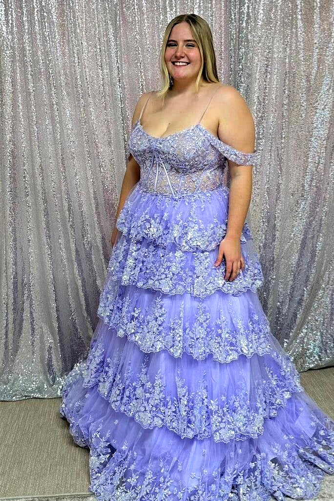 Dressime Tulle Cold-Shoulder Ruffle Tiered Long Prom Dress dressime