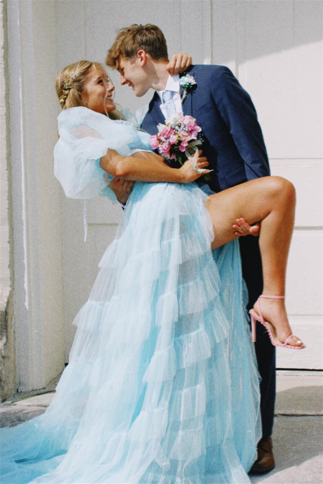 dressimeTwo-Piece A-Line Tulle Slit Long Prom Dress with Puff Sleeves