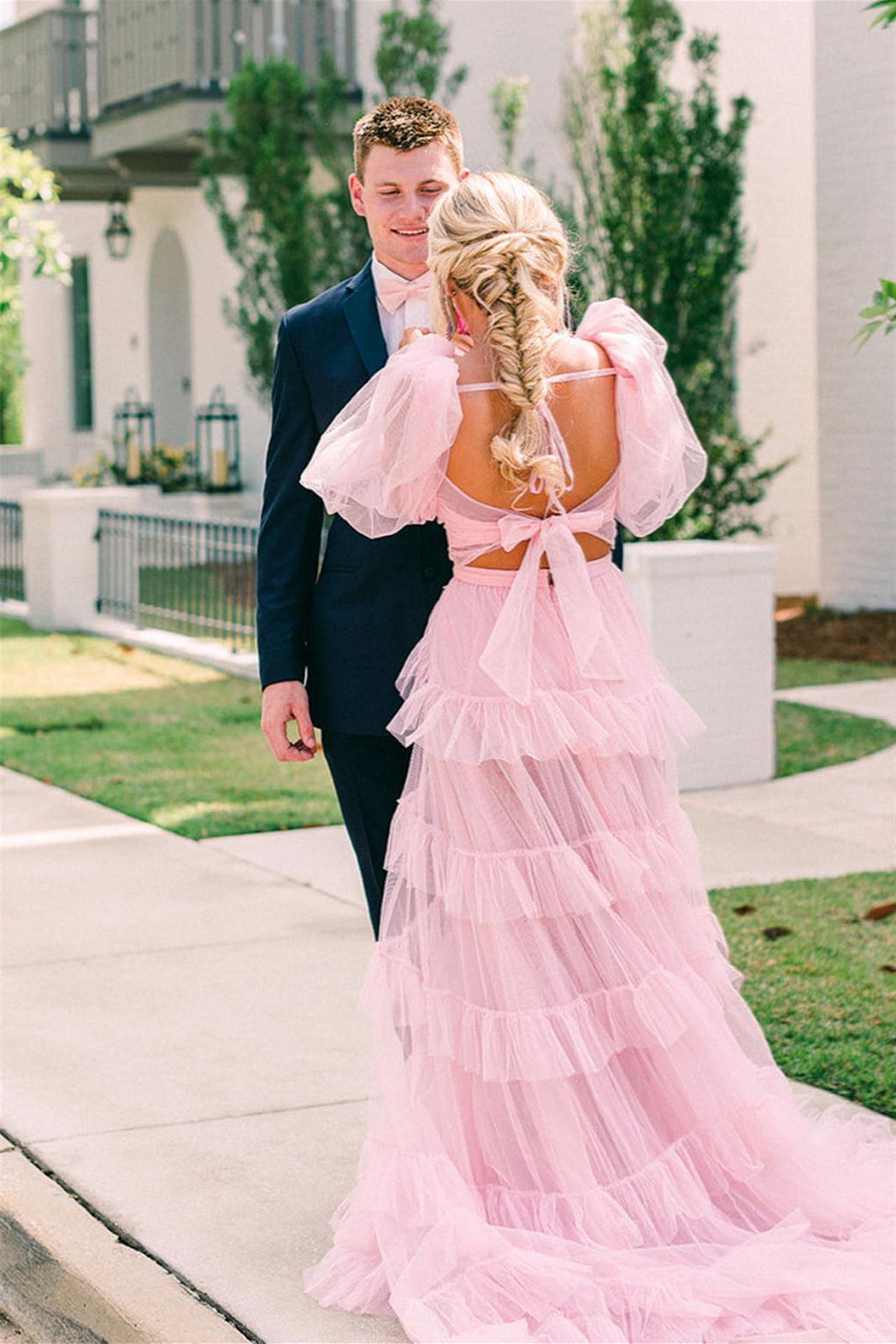 dressimeTwo-Piece A-Line Tulle Slit Long Prom Dress with Puff Sleeves