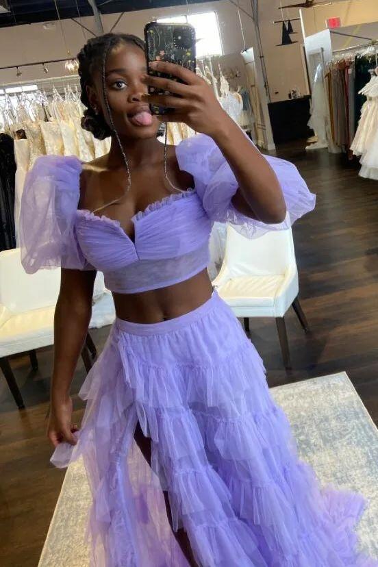 dressimeTwo-Piece A-Line Tulle Slit Long Prom Dress with Puff Sleeves