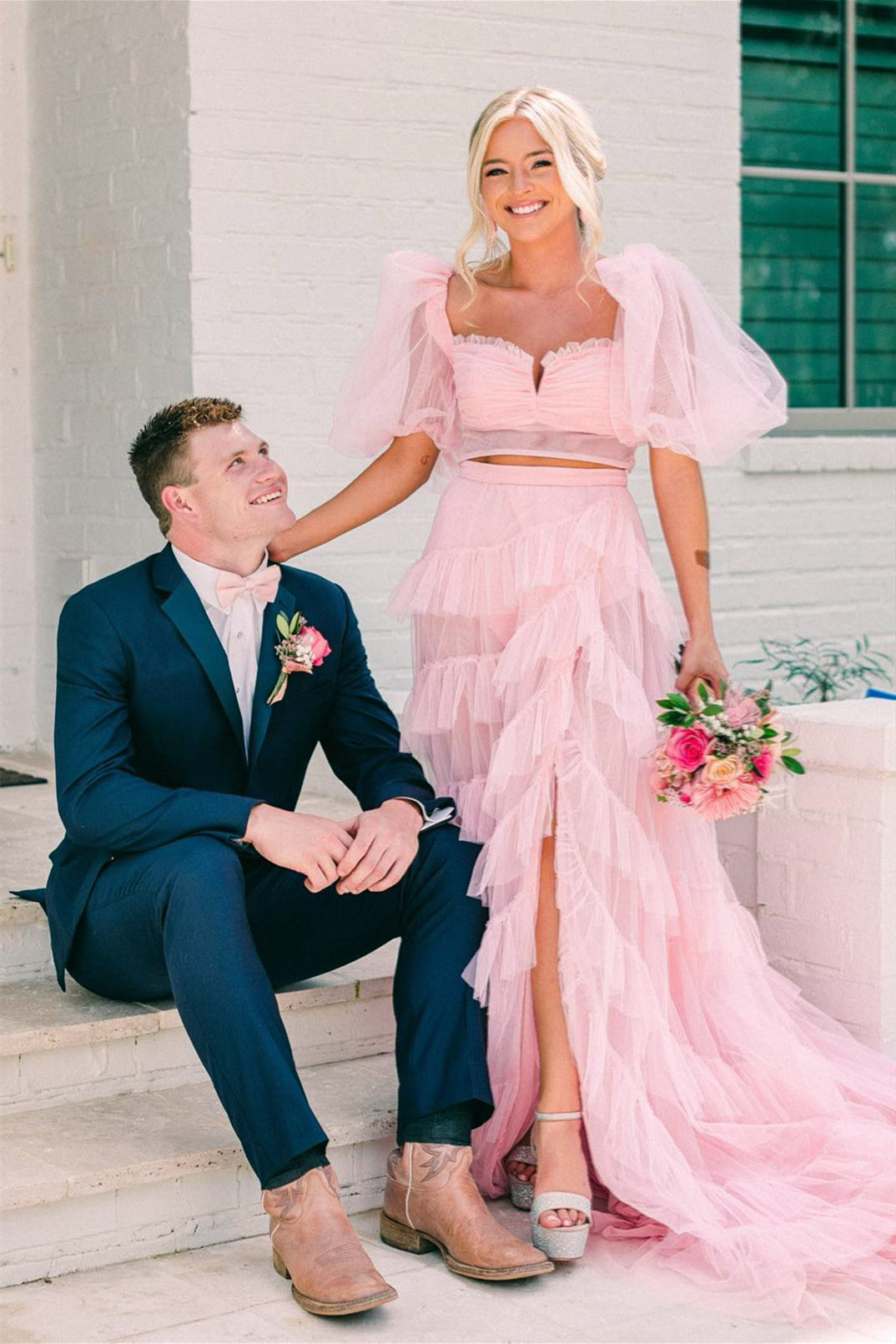 dressimeTwo-Piece A-Line Tulle Slit Long Prom Dress with Puff Sleeves