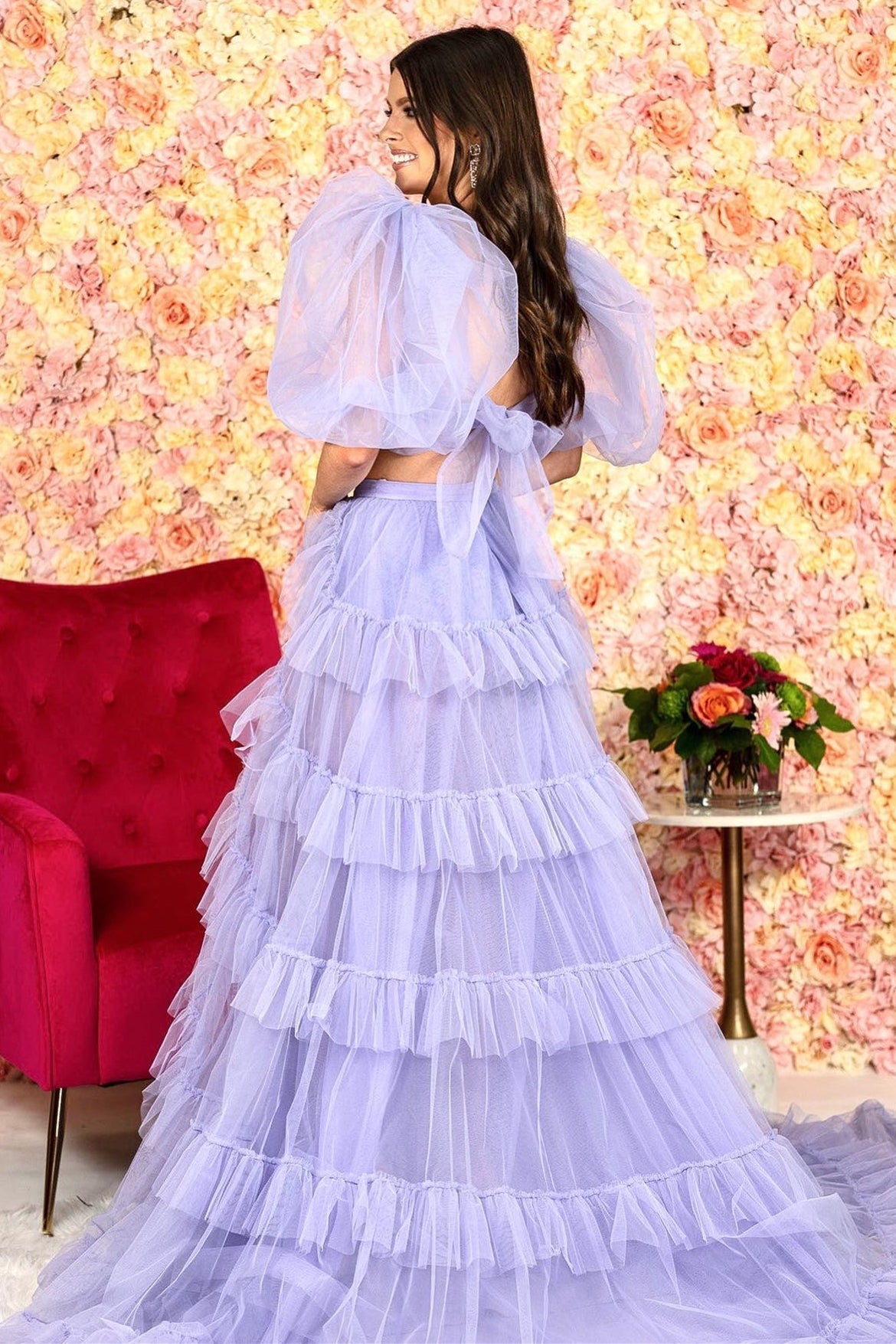 dressimeTwo-Piece A-Line Tulle Slit Long Prom Dress with Puff Sleeves