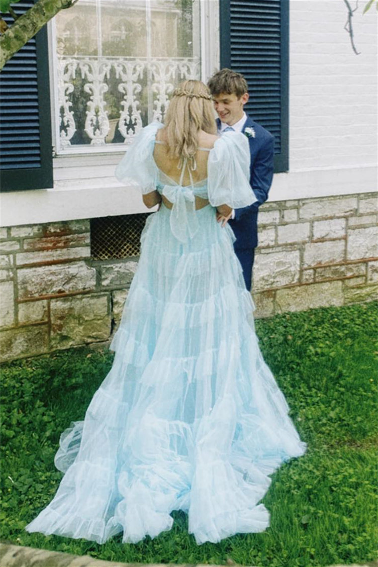 dressimeTwo-Piece A-Line Tulle Slit Long Prom Dress with Puff Sleeves
