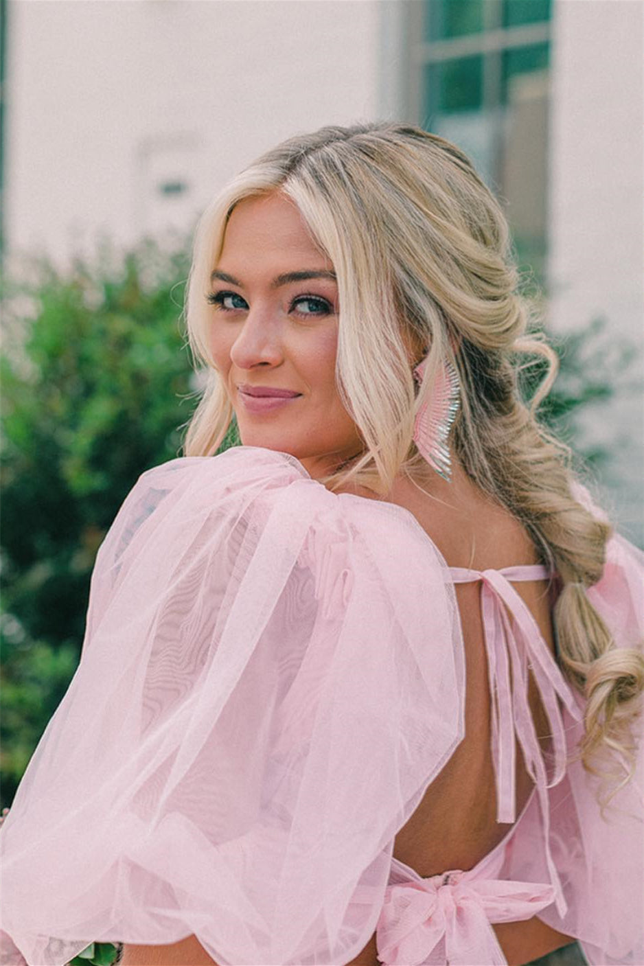 dressimeTwo-Piece A-Line Tulle Slit Long Prom Dress with Puff Sleeves