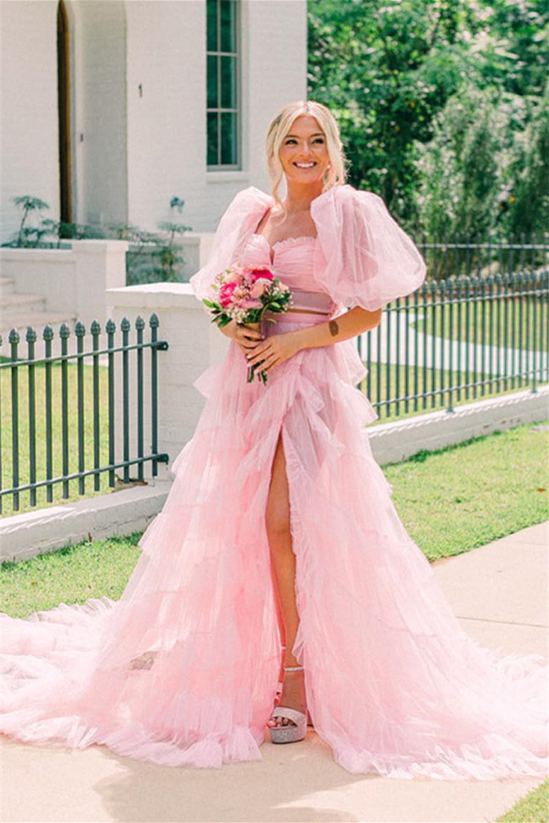 dressimeTwo-Piece A-Line Tulle Slit Long Prom Dress with Puff Sleeves