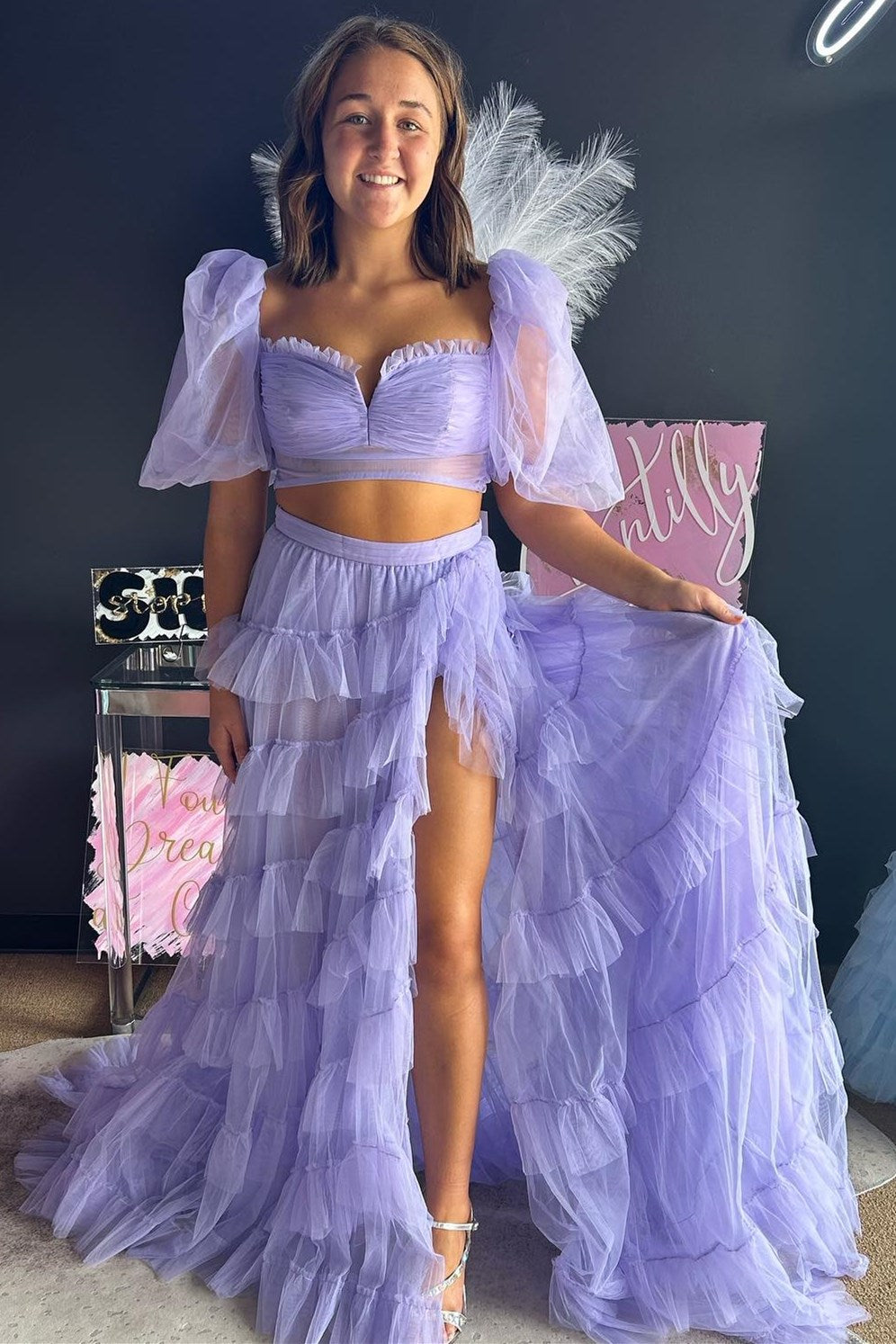 dressimeTwo-Piece A-Line Tulle Slit Long Prom Dress with Puff Sleeves