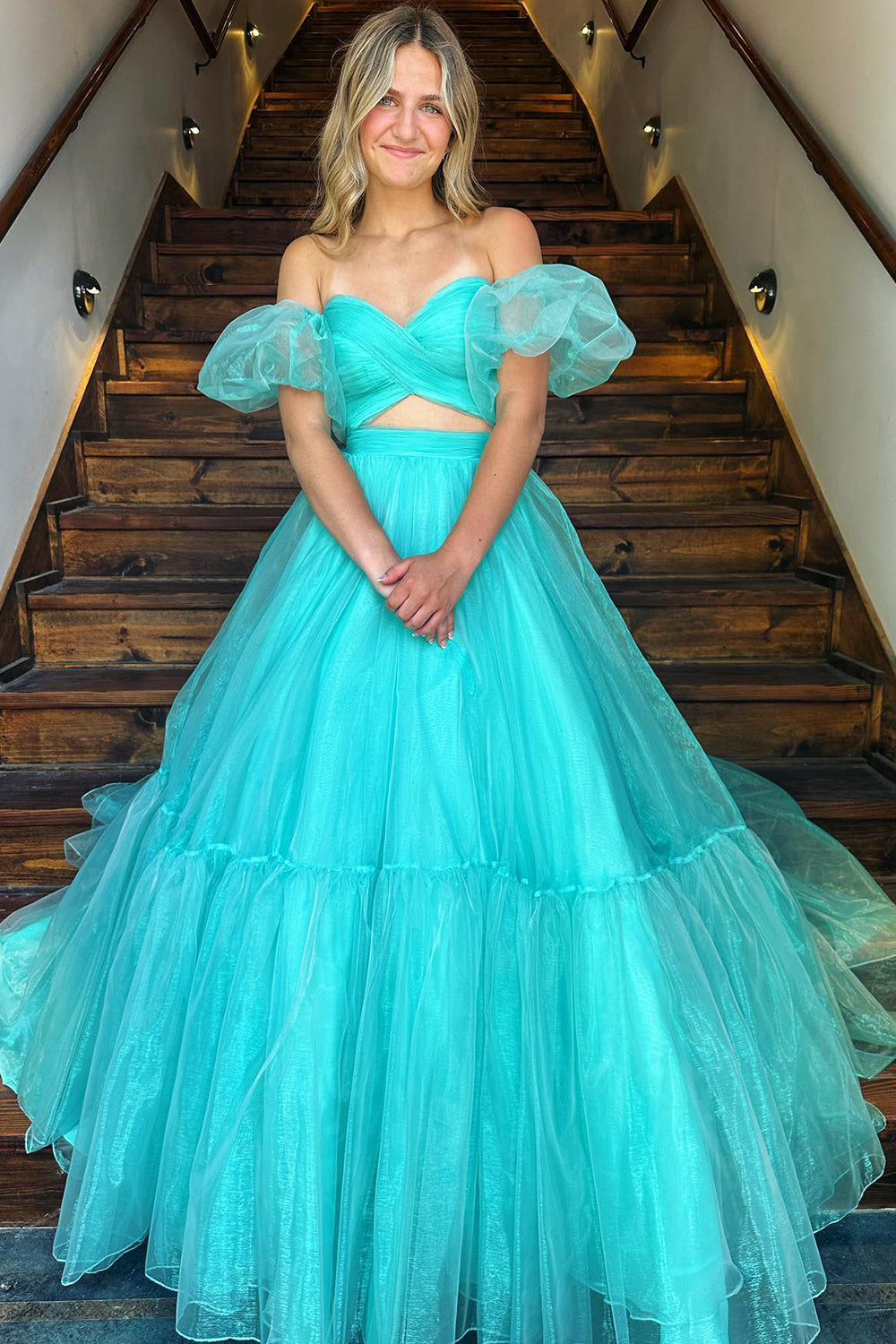 dressimeTwo-Piece Puff Sleeves Pleated Organza Long Prom Dresses