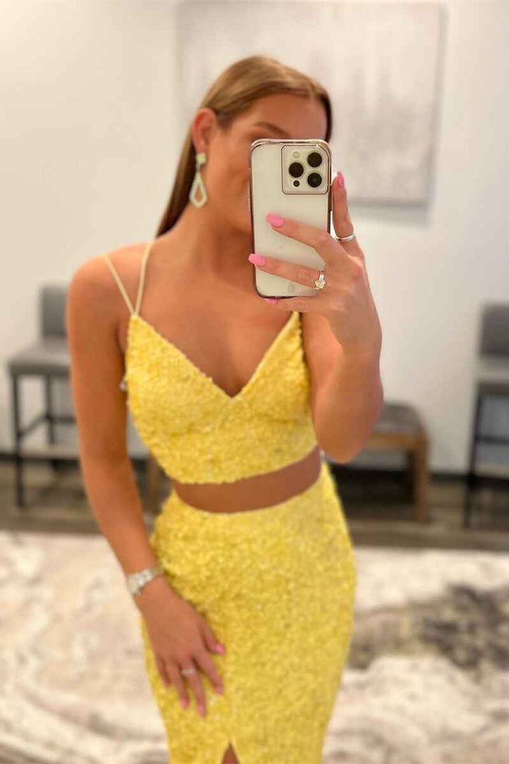 dressimeTwo Piece Spaghetti Straps Sequins Mermaid Prom Dresses with Slit