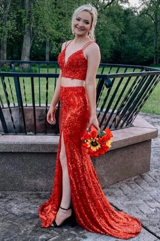 dressimeTwo Piece Spaghetti Straps Sequins Mermaid Prom Dresses with Slit