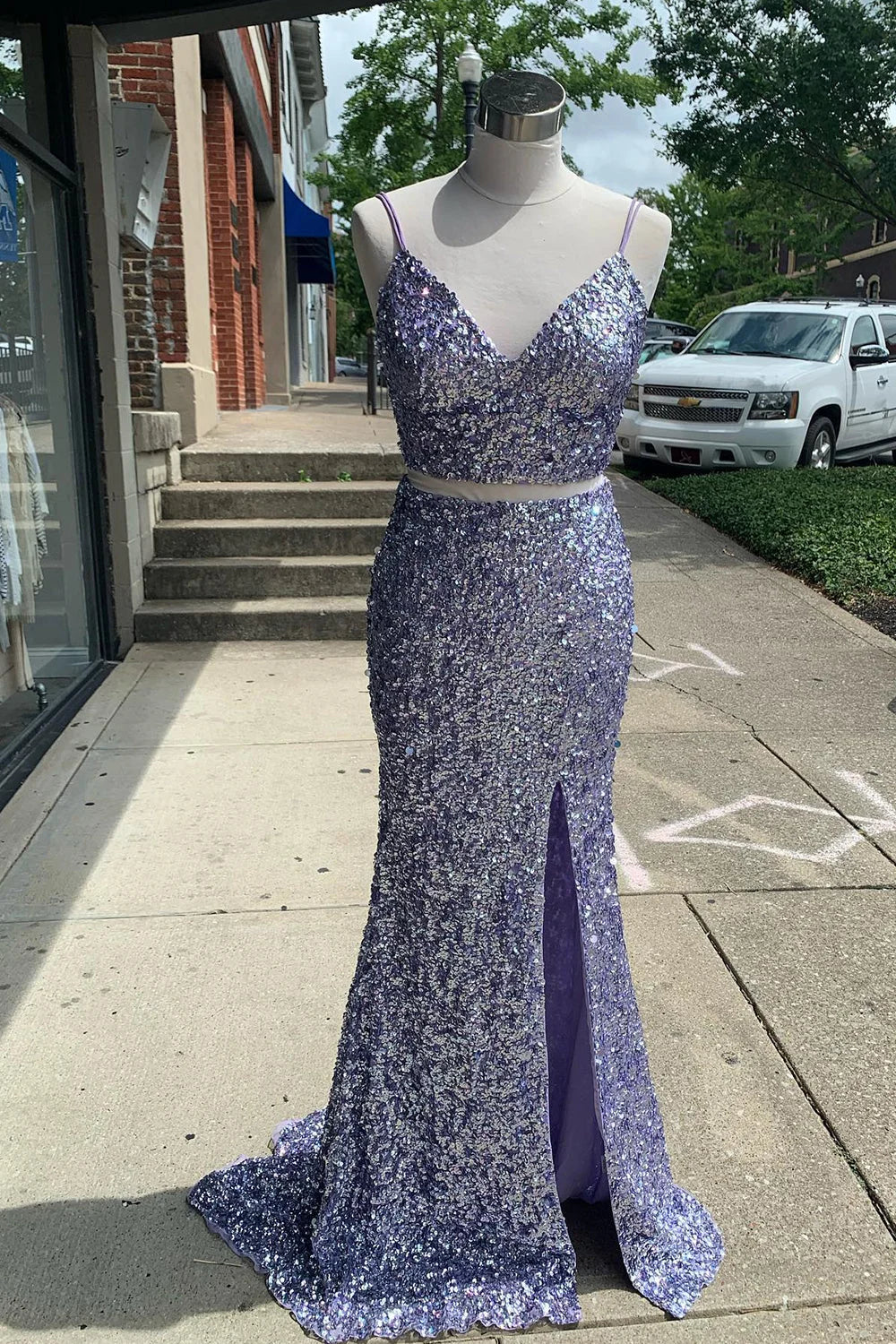 dressimeTwo Piece Spaghetti Straps Sequins Mermaid Prom Dresses with Slit