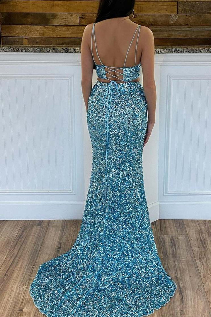 dressimeTwo Piece Spaghetti Straps Sequins Mermaid Prom Dresses with Slit