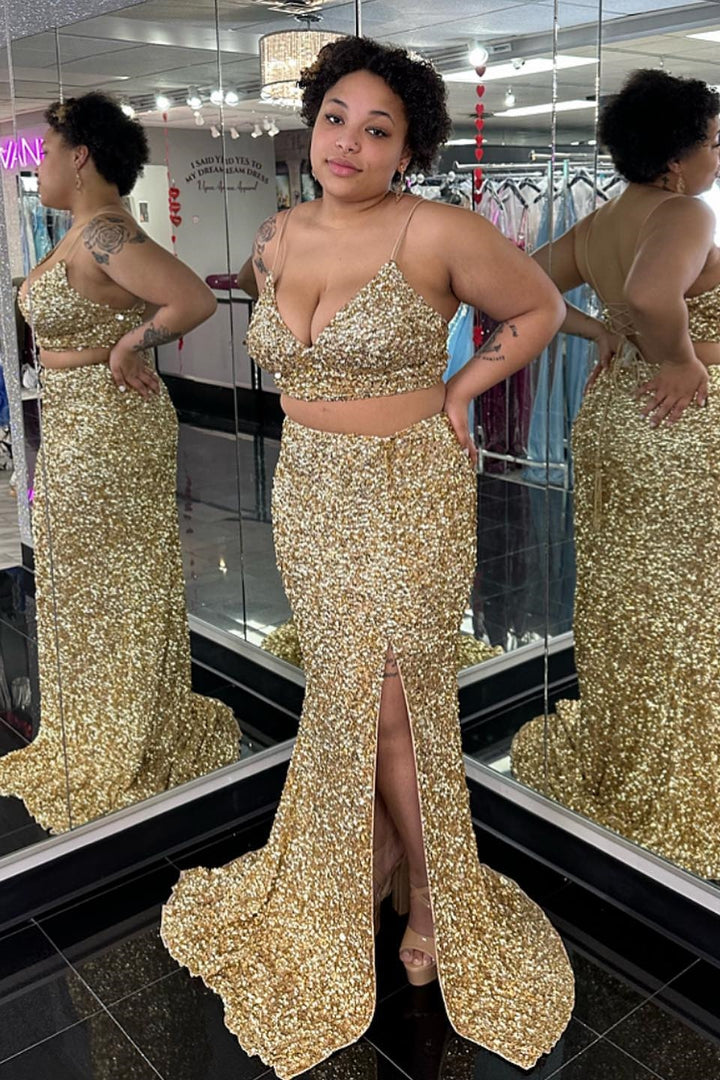 dressimeTwo Piece Spaghetti Straps Sequins Mermaid Prom Dresses with Slit
