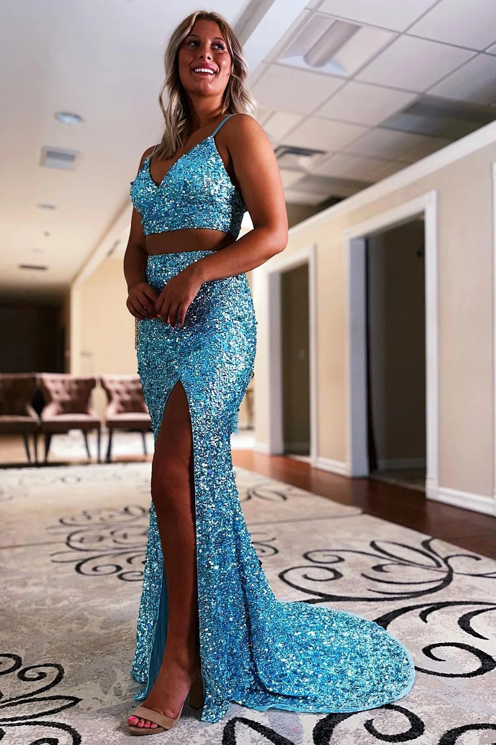 dressimeTwo Piece Spaghetti Straps Sequins Mermaid Prom Dresses with Slit