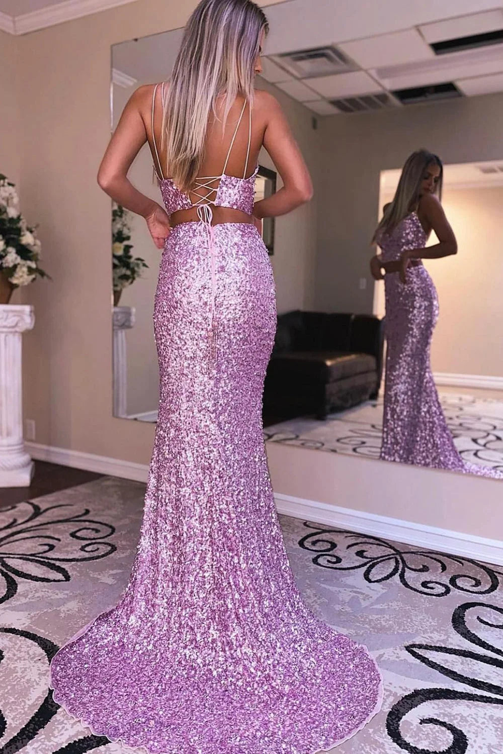 dressimeTwo Piece Spaghetti Straps Sequins Mermaid Prom Dresses with Slit