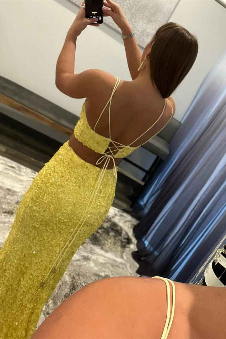dressimeTwo Piece Spaghetti Straps Sequins Mermaid Prom Dresses with Slit