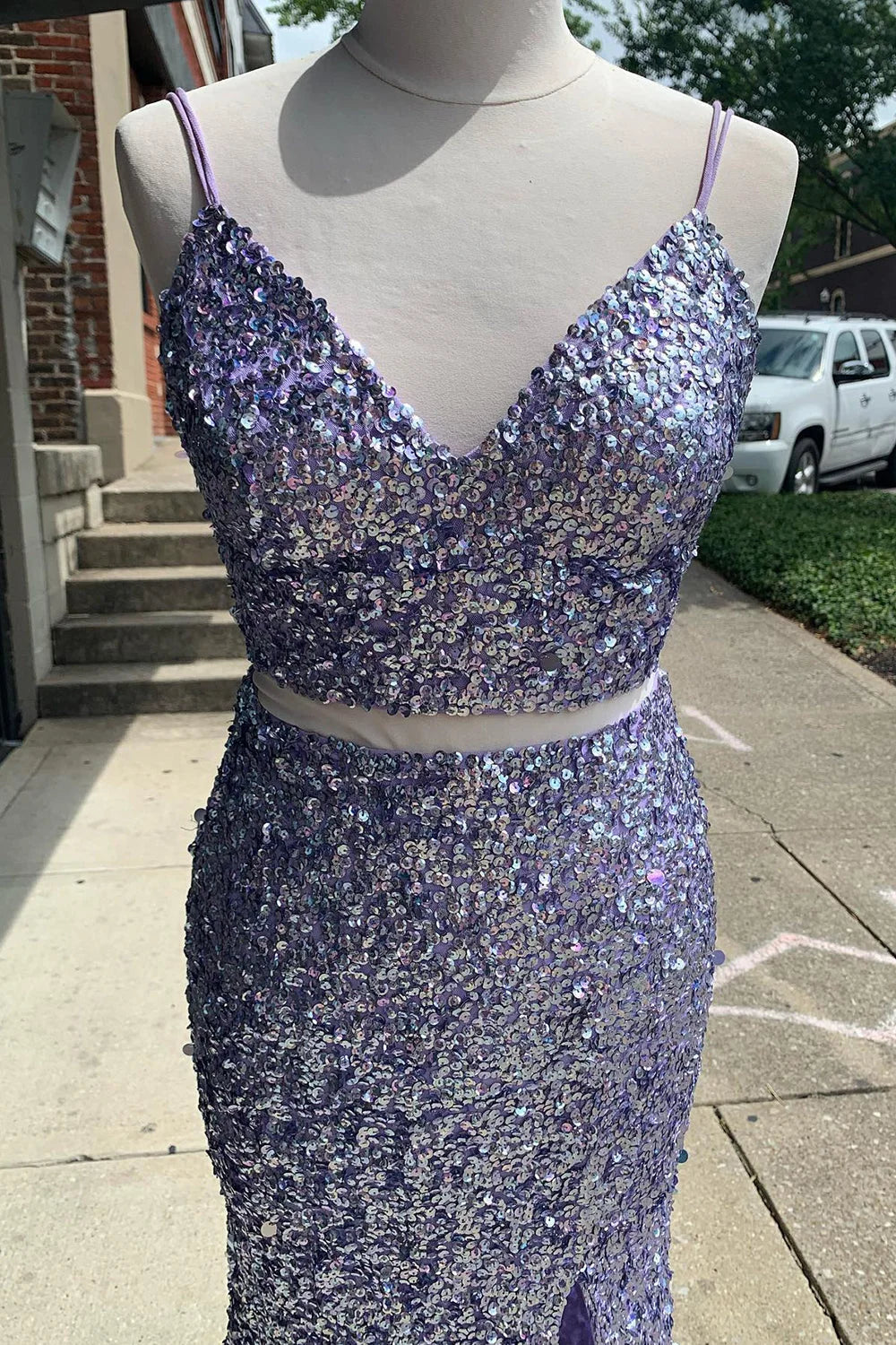 dressimeTwo Piece Spaghetti Straps Sequins Mermaid Prom Dresses with Slit