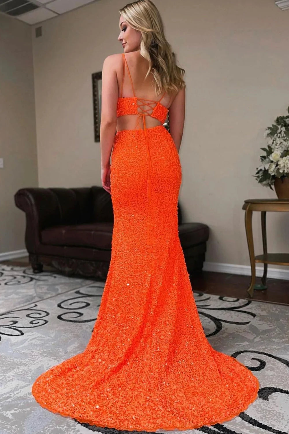 dressimeTwo Piece Spaghetti Straps Sequins Mermaid Prom Dresses with Slit
