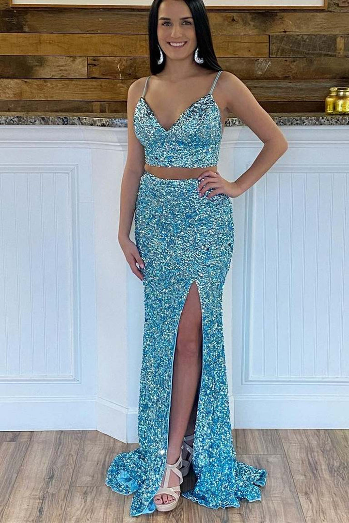 dressimeTwo Piece Spaghetti Straps Sequins Mermaid Prom Dresses with Slit